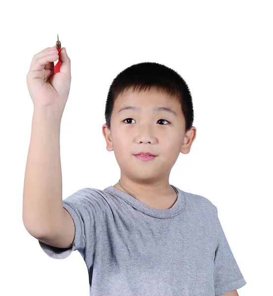Söt pojke med dart isolerad på vit bakgrund — Stockfoto