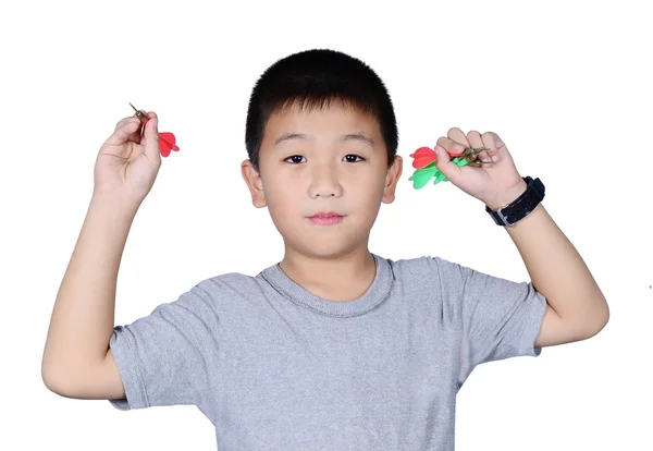 Cute boy with dart isolated on white background — Stock Photo, Image