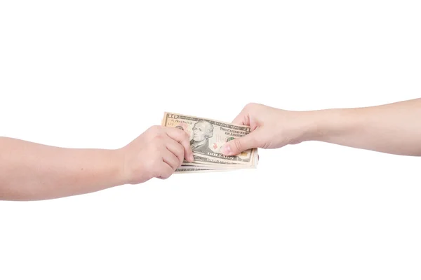 Hand handing over money to another hand isolated on white background — Stock Photo, Image