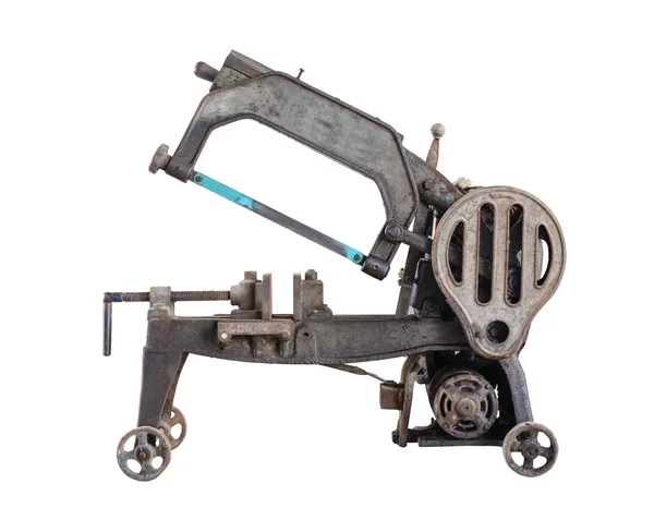 Old dirty hacksaw machine industry tool. Isolated. — Stock Photo, Image