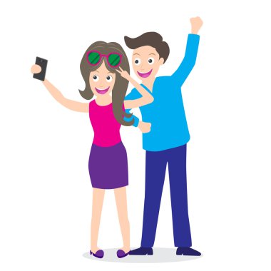 Genç bir turist çiftin beyaz arka planda kendi resimlerini çekmek için akıllı bir telefon kullanması.