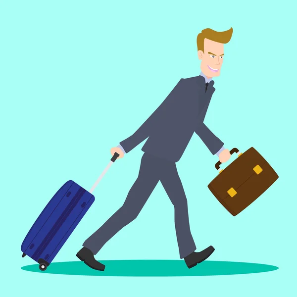 Illustration d'un homme d'affaires tirant une valise et une mallette de voyage — Image vectorielle