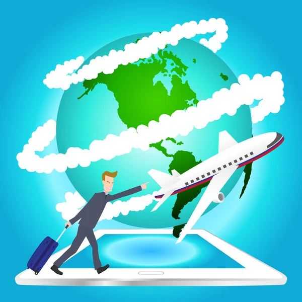 Ilustração de viagens de avião ao redor do mundo em tablet vector, Elementos de mapa terrestre Mobiliado pela NASA — Vetor de Stock