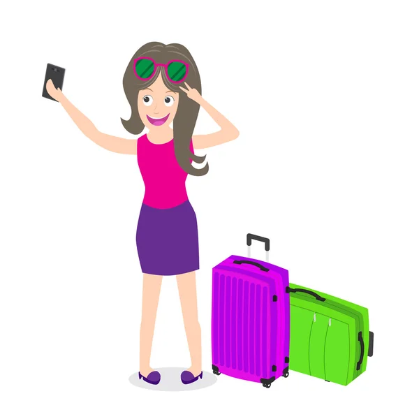 Chica de viaje tomando selfie con teléfono celular aislado sobre fondo blanco — Vector de stock