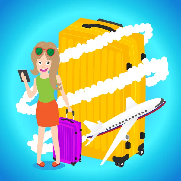 Femme intelligente tenant une tablette avec des bagages avion volant autour de gros bagages — Image vectorielle