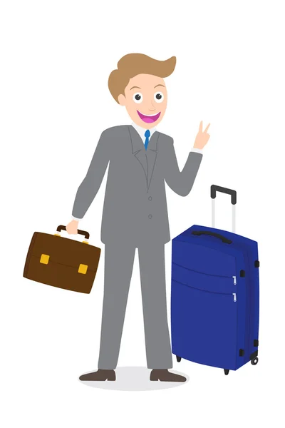 Jeune homme d'affaires montrant signe des doigts de victoire avec des bagages sur fond blanc isolé — Image vectorielle