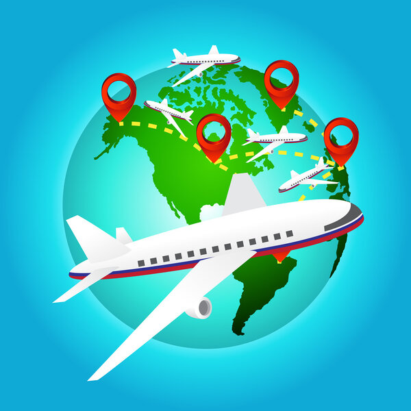 airplane travels around the world with pin icon, Elements of earth map Furnished by NASA