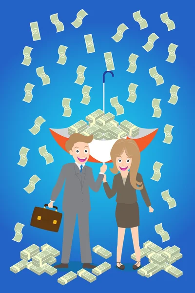 年轻的笑脸夫妇与仰着的雨伞站在钱雨下 — 图库矢量图片