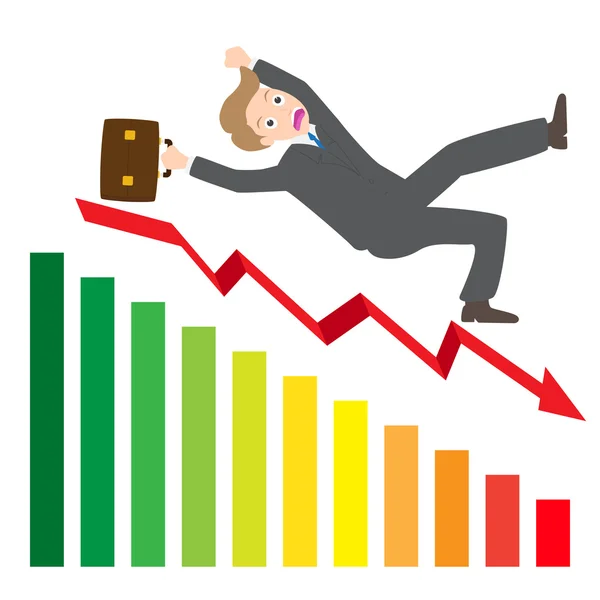 Ilustração de um empresário Deslizando para baixo um vetor de seta estatística —  Vetores de Stock