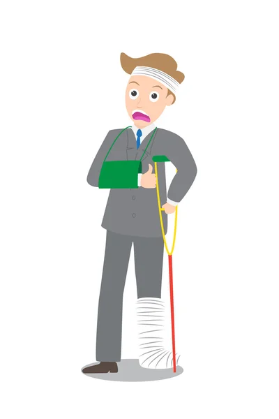 Illustration d'un homme d'affaires blessé au front dans des bandages avec des béquilles vecteur de dessin animé — Image vectorielle