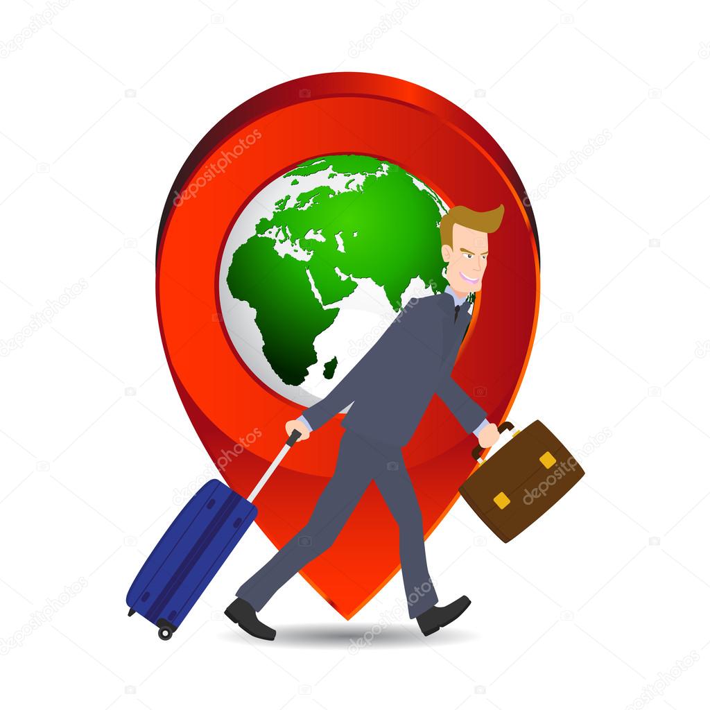 businessman pulling travel bag suitcase and briefcase with location world icon, Elements of earth map Furnished by NASA