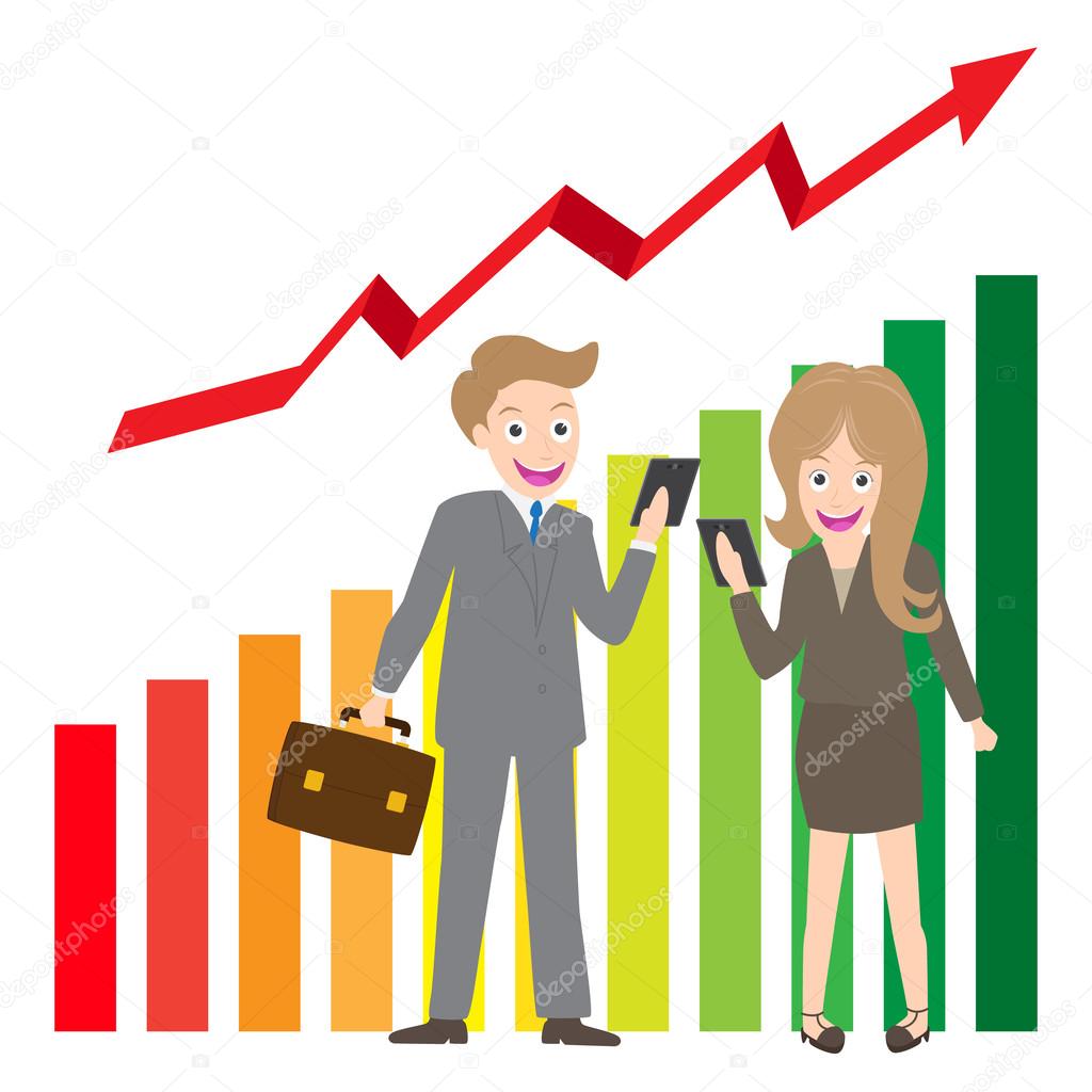 Young businessman and woman holding cell phone on business chart background