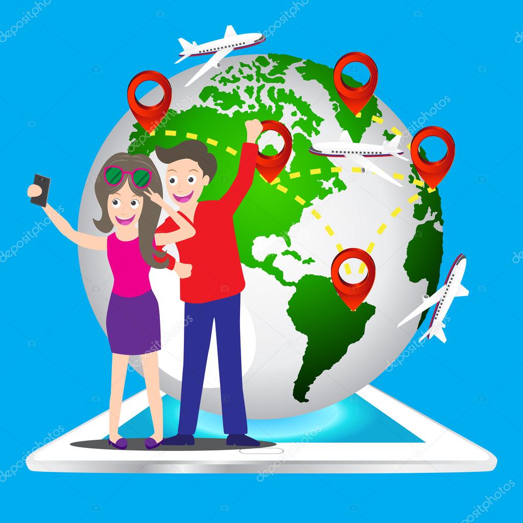 Young tourist couple using a smart phone to take a selfie picture of themselves with world map pin icon, Elements of earth map Furnished by NASA