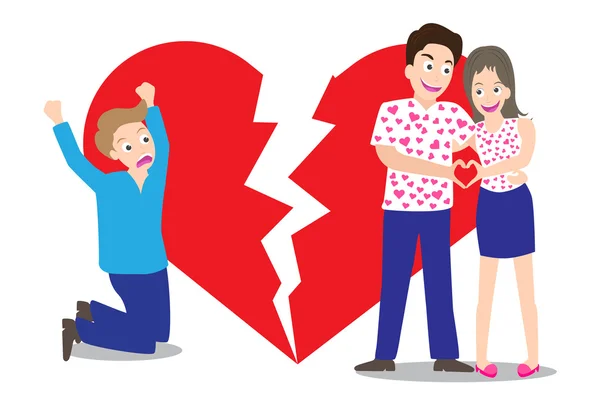 Szomorú ember látta szerelmes pár megtört szív alakú háttér a koncepció, hogy megtört szív — Stock Vector