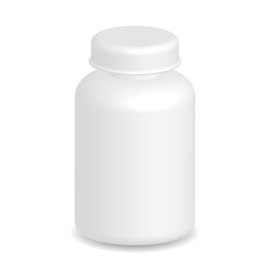 Beyaz arka plan üzerinde beyaz plastik tıbbi ambalaj şişe