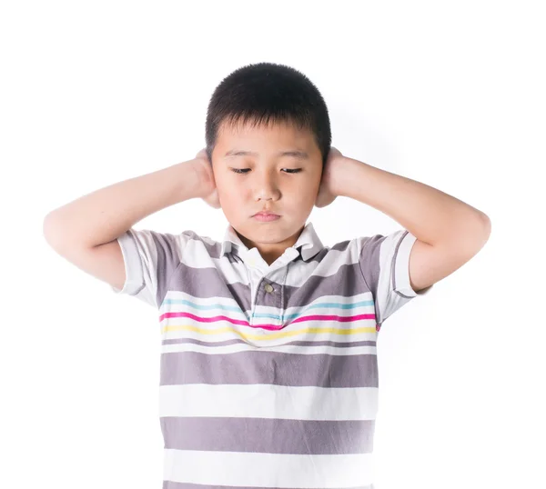 Boy hands off covering ears from loud noise, squeezing head with hands, having headache, Conflict resolution — Stock Photo, Image