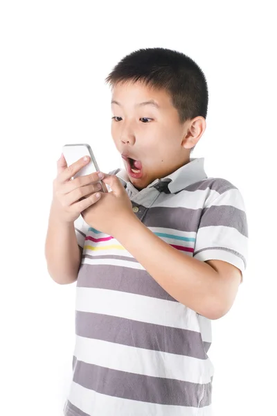 Niño pequeño con teléfono móvil en mano aislado en backgrou blanco —  Fotos de Stock