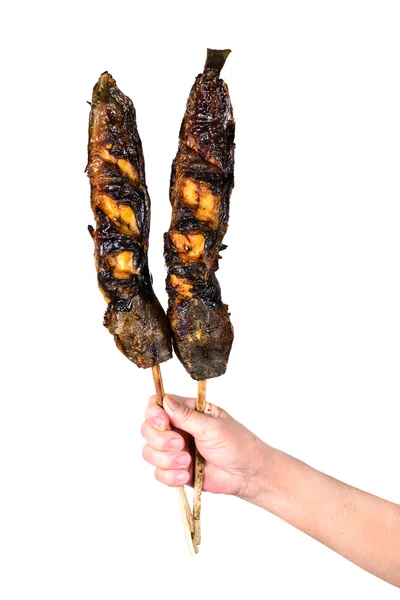 Gegrillter Wels mit Bambusstäbchen, isoliert auf weißem Hintergrund — Stockfoto