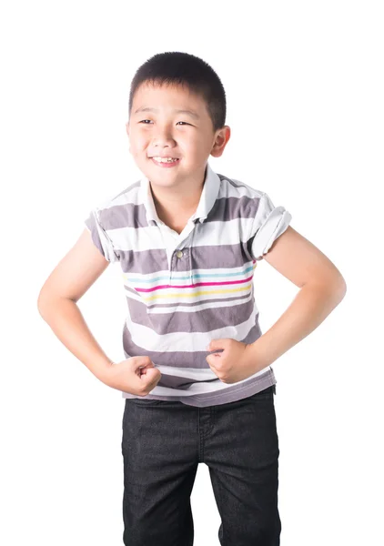 Strong Asian boy showing off his biceps flexing muscles his arm, isolated on white background — Stock Photo, Image