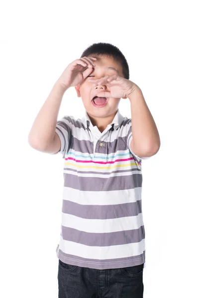 Asiático mentalmente retardado menino problema triste e choro isolado no fundo branco — Fotografia de Stock