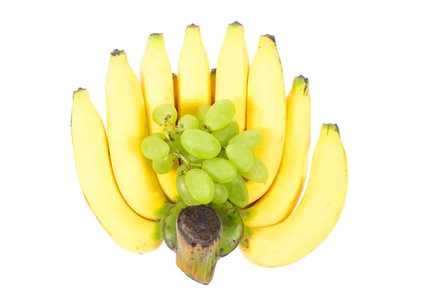 Bunch of bananas and green grape, isolated on white background — Stock Photo, Image