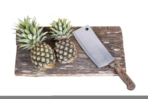 Chopping block and cleaver with pineapple isolated on white back — Stock Photo, Image