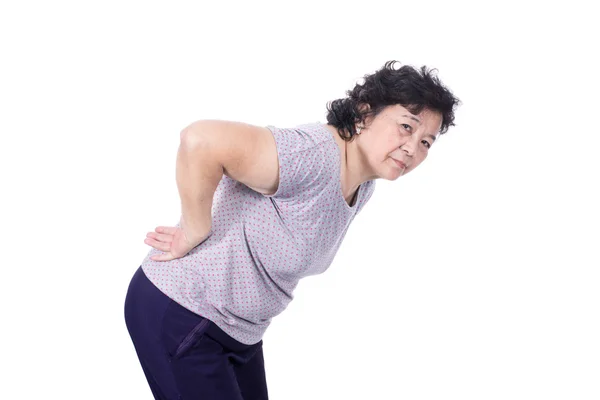 Asian elderly woman with a sick back, backache, isolated on a wh — Stock Photo, Image