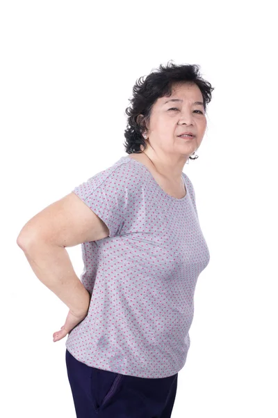 Asian elderly woman with a sick back, backache, isolated on a wh — Stock Photo, Image