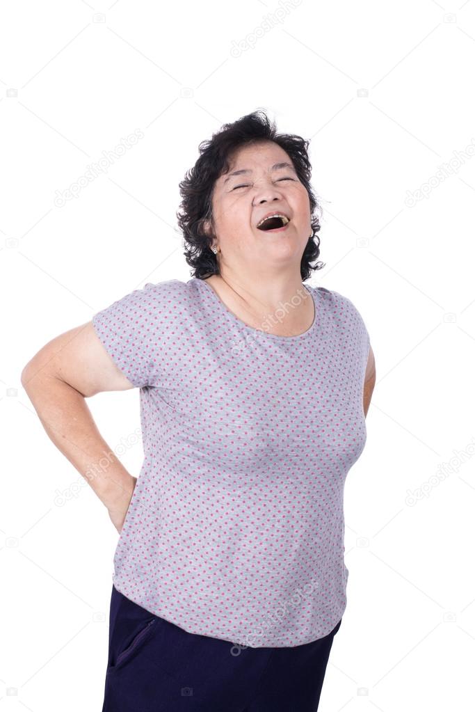 Asian elderly woman with a sick back, backache, isolated on a wh