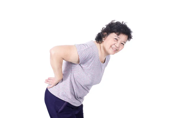 Asian elderly woman with a sick back, backache, isolated on a wh — Stock Photo, Image