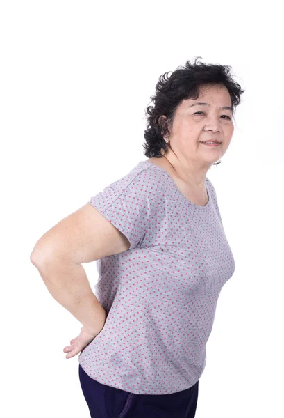 Asian elderly woman with a sick back, backache, isolated on a wh — Stock Photo, Image