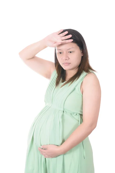 Pregnant woman with strong pain of stomach, having a headache. isolated on white background — Stock Photo, Image