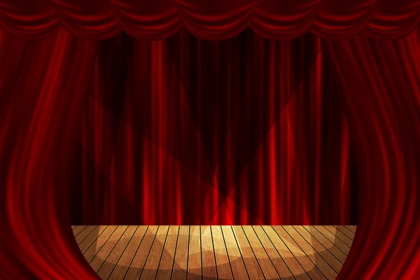 Teatro palco cortinas vermelhas mostrar holofotes fundo — Fotografia de Stock