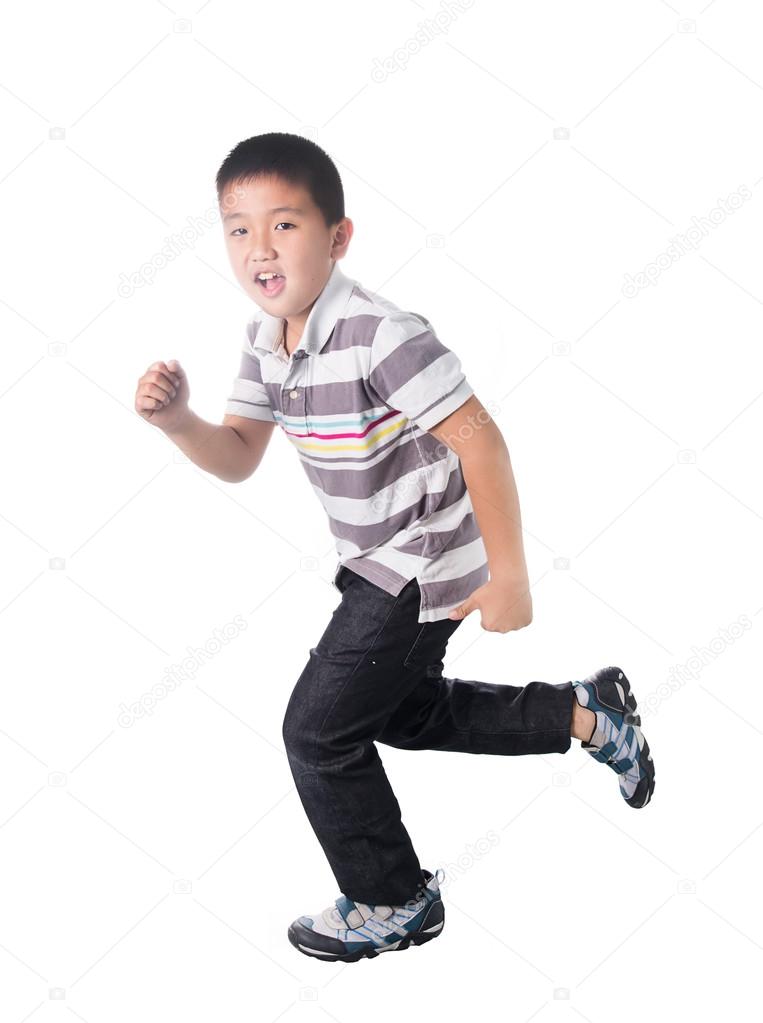 Asian boy running, isolated on white background