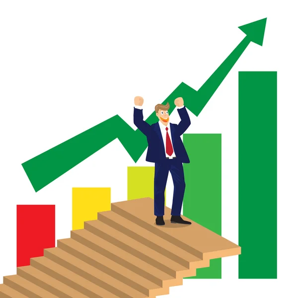 Homem de negócios torcer no topo das escadas no fundo do gráfico do mercado de ações., vetor, ilustração — Vetor de Stock