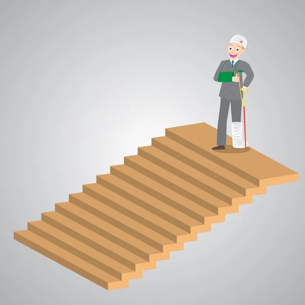 Hombre de negocios herido en vendajes de pie en la parte superior de las escaleras, vector, ilustración — Archivo Imágenes Vectoriales