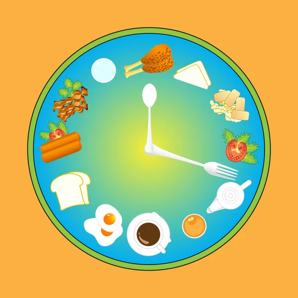 Horloge avec nourriture et ustensiles de cuisine, heure des repas, vecteur, illustr — Image vectorielle