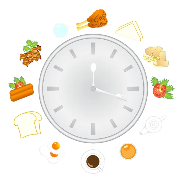 Horloge avec nourriture et ustensiles de cuisine, heure des repas, vecteur, illustr — Image vectorielle