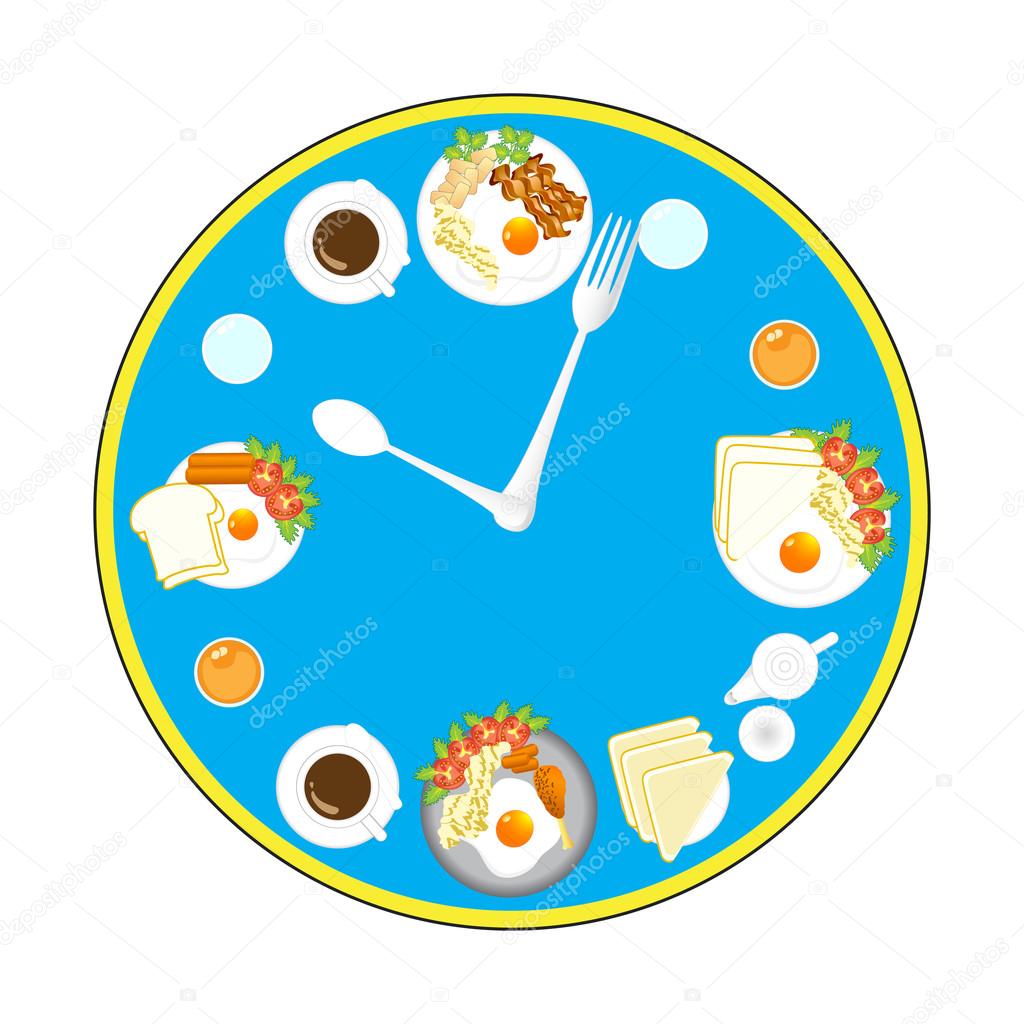 Clock with food and kitchen utensils, meal time, vector, illustr
