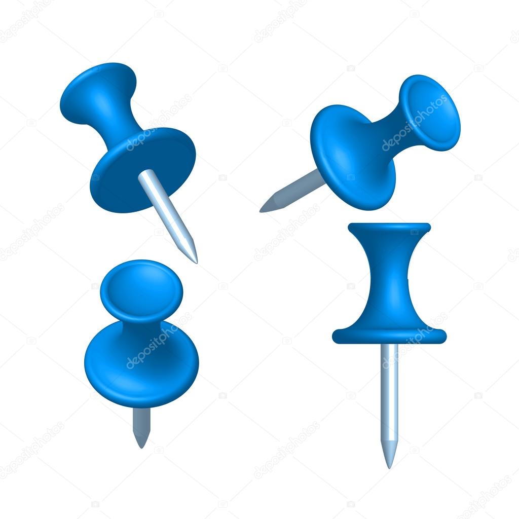 Set of blue pin different view, thumbtack, vector, illustration