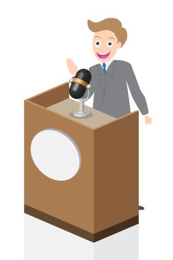 Businessman speaking on stage with microphone and podium, illustration, vector clipart