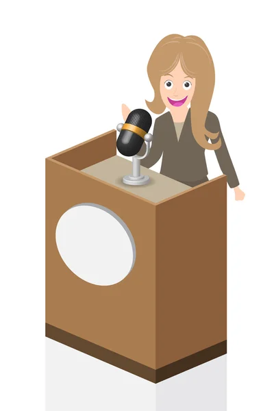 Zakenvrouw spreken op het podium met microfoon en podium, illustratie, vector — Stockvector