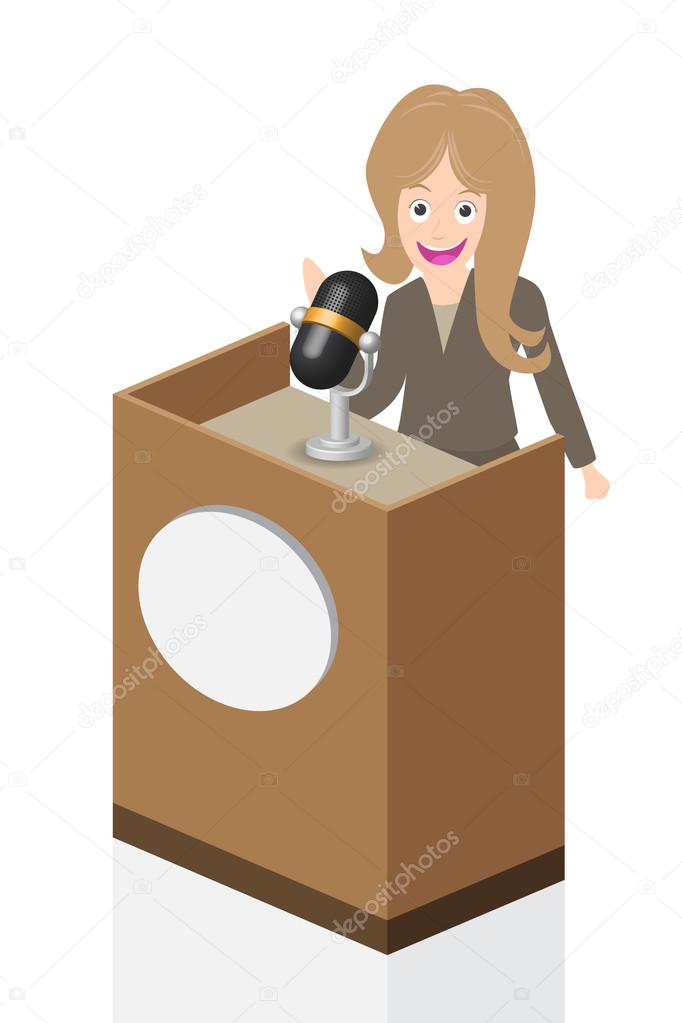 Business woman speaking on stage with microphone and podium, illustration, vector