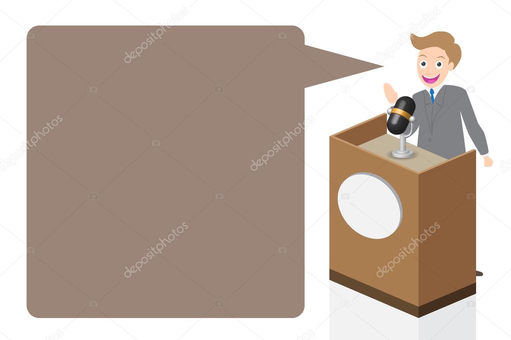 Businessman speaking on stage with microphone and podium, illustration, vector
