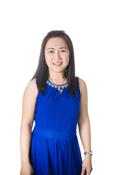 Šťastný úsměv asijské ženy a stojan izolovaných na bílém pozadí — Stock fotografie