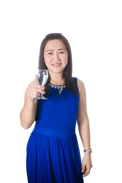 Happy Asian woman with glass of water isolated on the white back — Stock Photo, Image