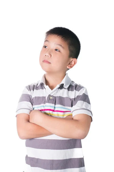 Ásia menino cruz alguém braço isolado no branco fundo — Fotografia de Stock