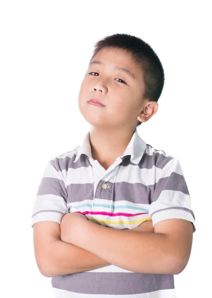 Asiatico ragazzo croce qualcuno braccio, isolato su sfondo bianco — Foto Stock