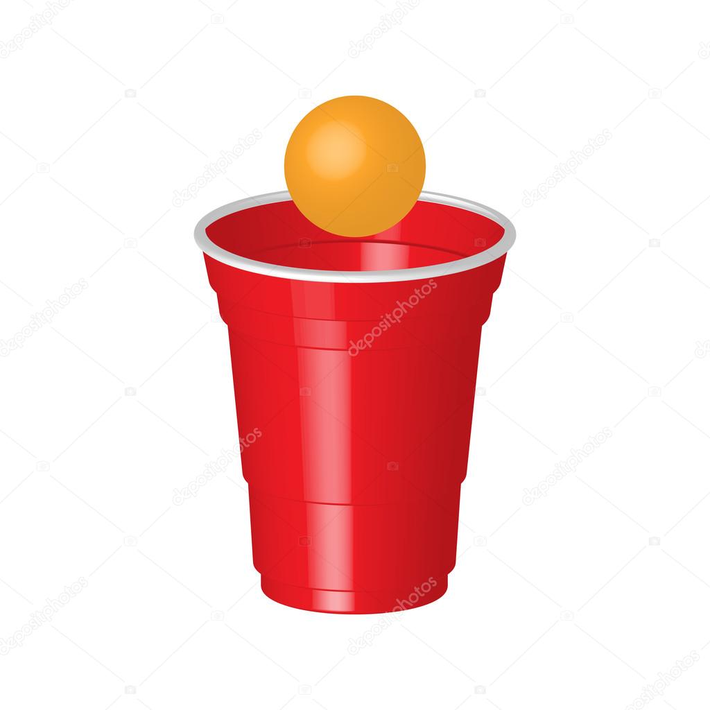 Red party cup with ping pong ball, isolated on white background