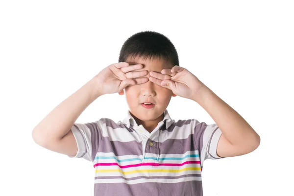 Somnoliento asiático chico, poner la mano en su ojos, aislado en blanco backgr —  Fotos de Stock